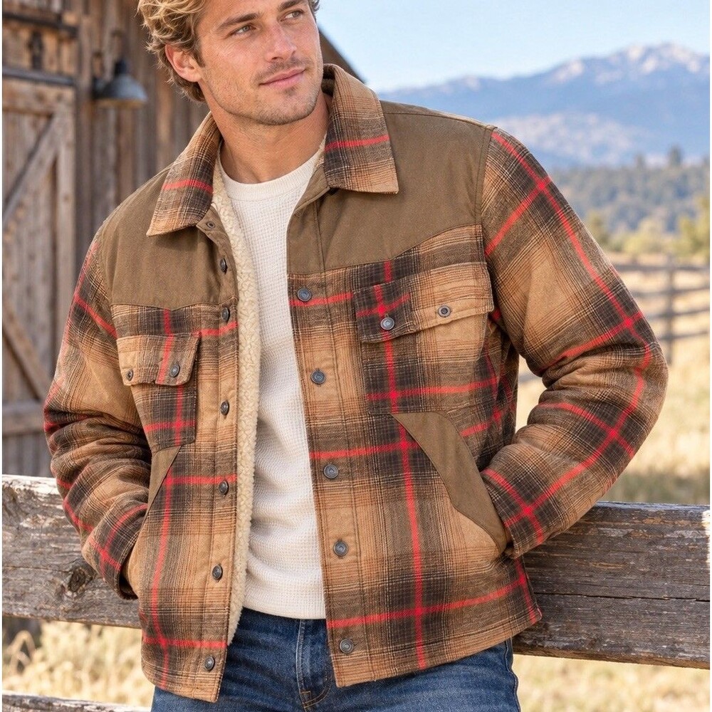 Wrangler Men's Tan Western Plaid Sherpa Lined Coat Jacket - Size Medium